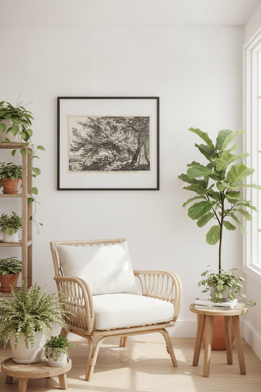 Landscape with Deer under Trees — framed art in a styled interior
