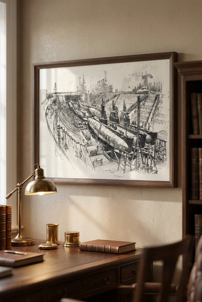 Submarines in Dry Dock — framed art in a styled interior