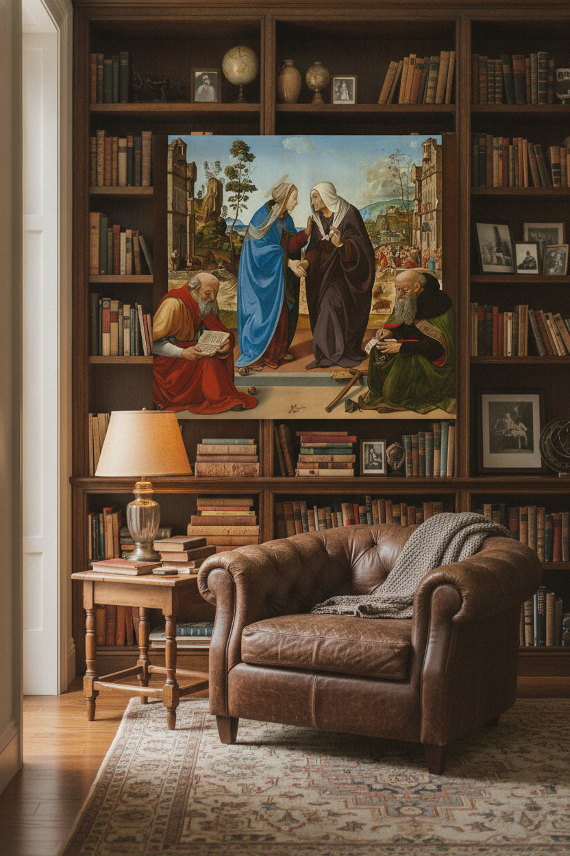 The Visitation with Saint Nicholas and Saint Anthony Abbot — framed art in a styled interior
