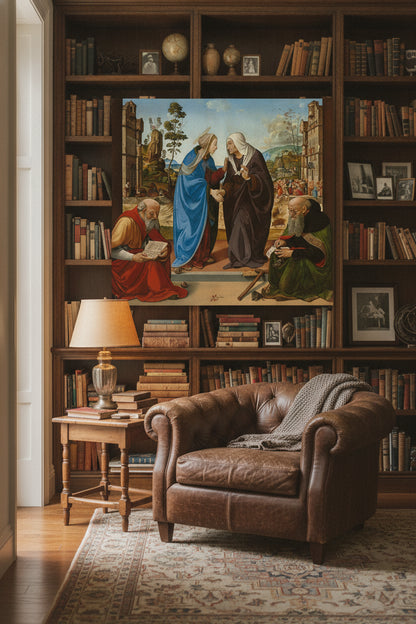 The Visitation with Saint Nicholas and Saint Anthony Abbot — framed art in a styled interior