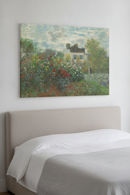 The Artist's Garden in Argenteuil (A Corner of the Garden with Dahlias) — framed art in a styled interior