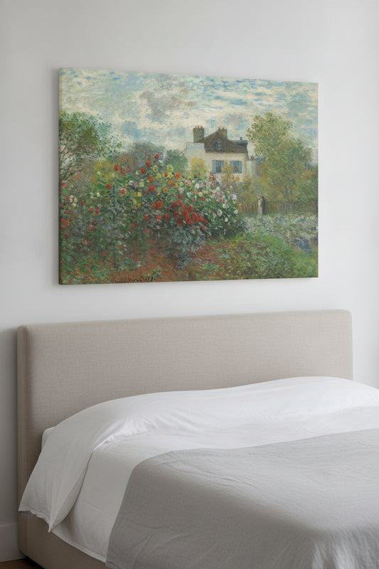 The Artist's Garden in Argenteuil (A Corner of the Garden with Dahlias) — framed art in a styled interior