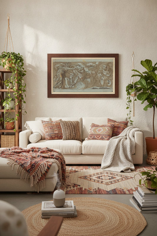 Ceres Changing Ascalaphus into a Bird of Evil Omen — framed art in a styled interior