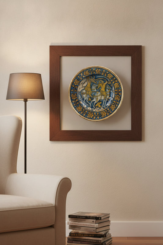 Large dish with running plant border; in the center, horsemen fighting — framed art in a styled interior