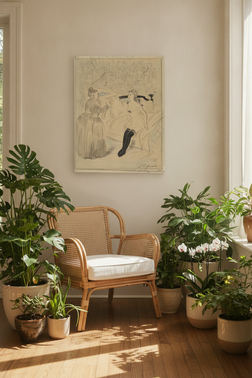 a) The Bouquet (recto); b) Untitled (verso) — framed art in a styled interior