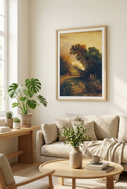 Landscape with Picnickers and Donkeys by a Gate — framed art in a styled interior