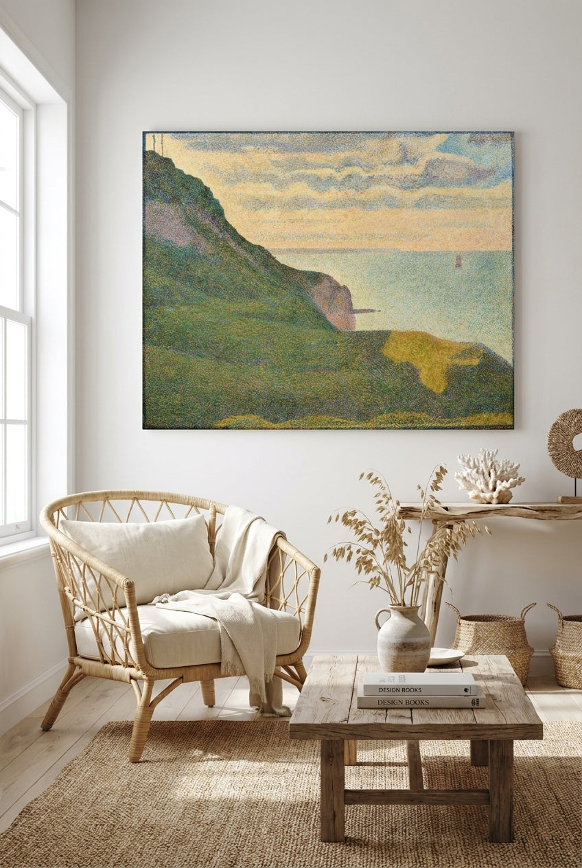 Seascape at Port-en-Bessin, Normandy — framed art in a styled interior