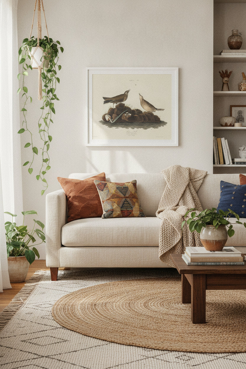 Brown Lark — framed art in a styled interior