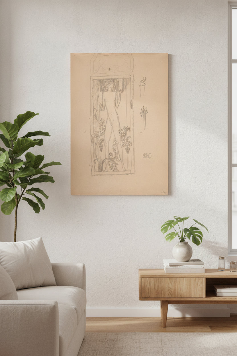 Standing Female Nude, with Floral Design — framed art in a styled interior