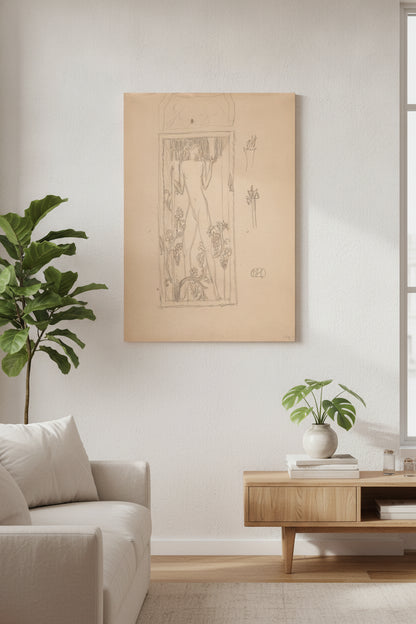 Standing Female Nude, with Floral Design — framed art in a styled interior
