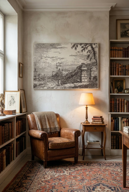 Landscape with Tower and Two Ruined Pillars — framed art in a styled interior