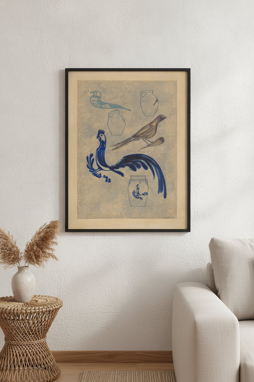 Bird Decorations on Stoneware — framed art in a styled interior