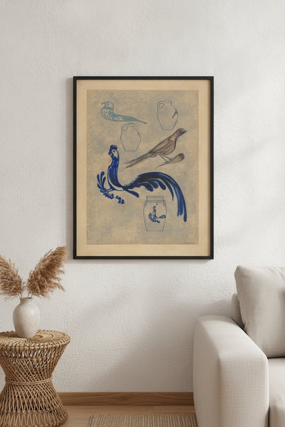 Bird Decorations on Stoneware — framed art in a styled interior