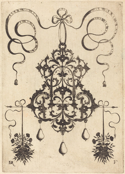 Large Pendant, Lower Left and Right Two Bunches of Grass, Flowers, and Fruit