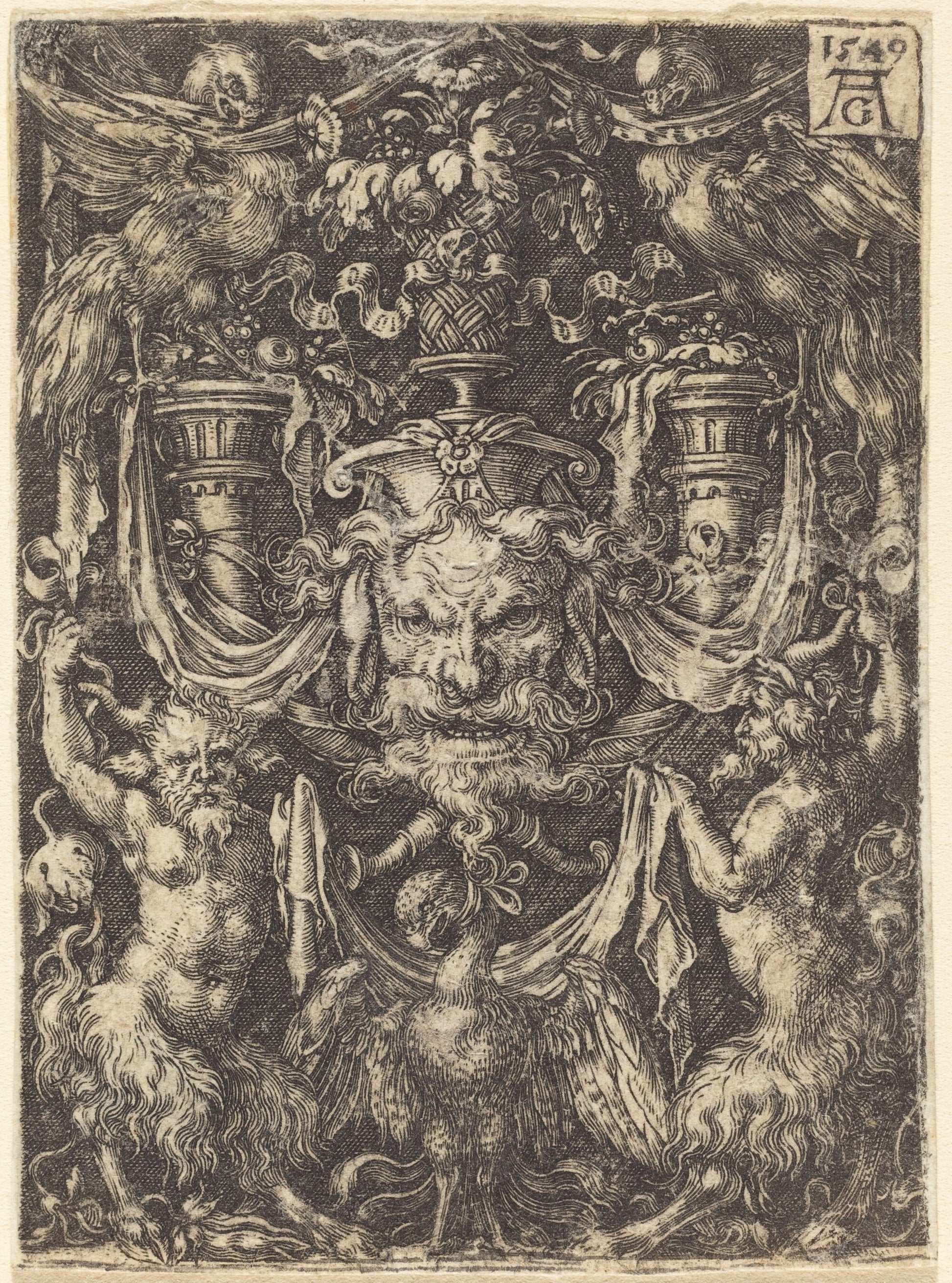 Ornament with Mask, Eagle between Satyrs Below