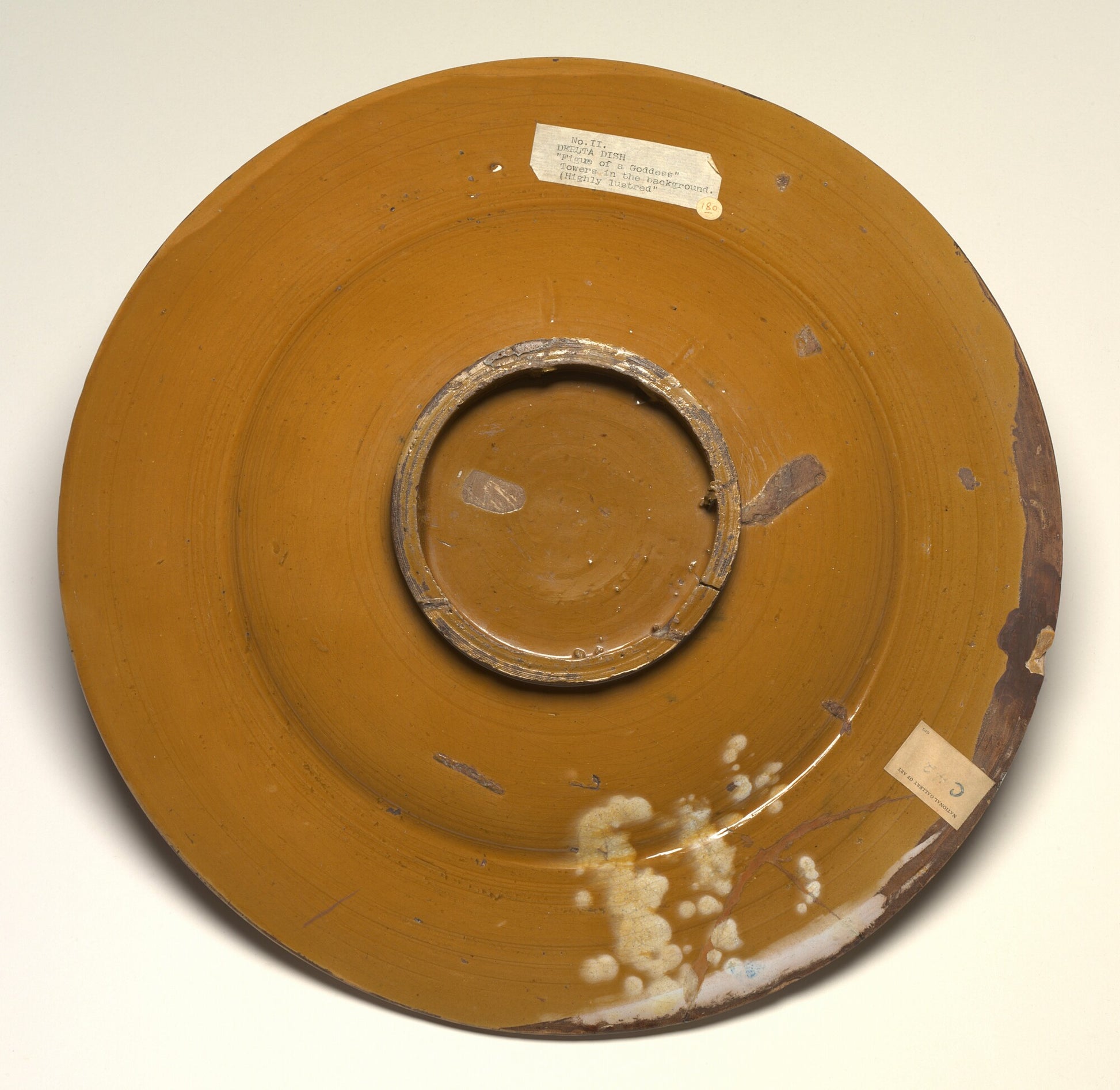 Large dish with segmental border of plant sprays and scale pattern; in the center, an emblematic female figure holding a crowned toad and cornucopia