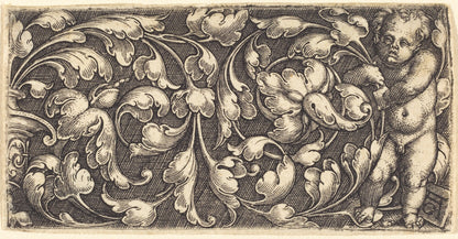 Naked Infant Holding a Double Scroll of  Leafy Ornament