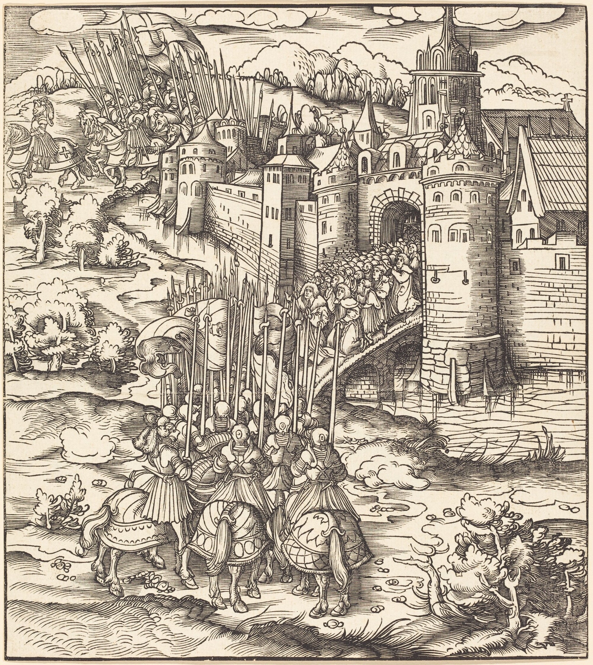 Various Men Kneeling on a Bridge in front of a Town