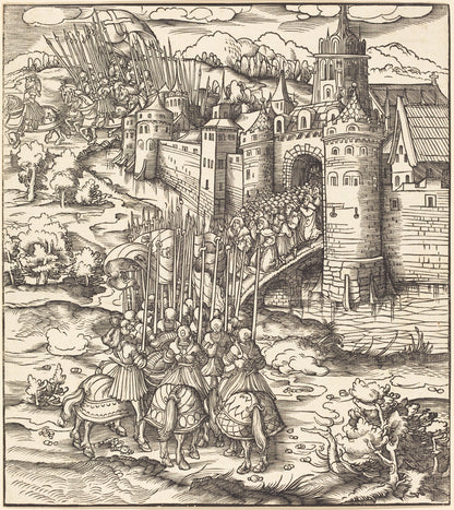 Various Men Kneeling on a Bridge in front of a Town