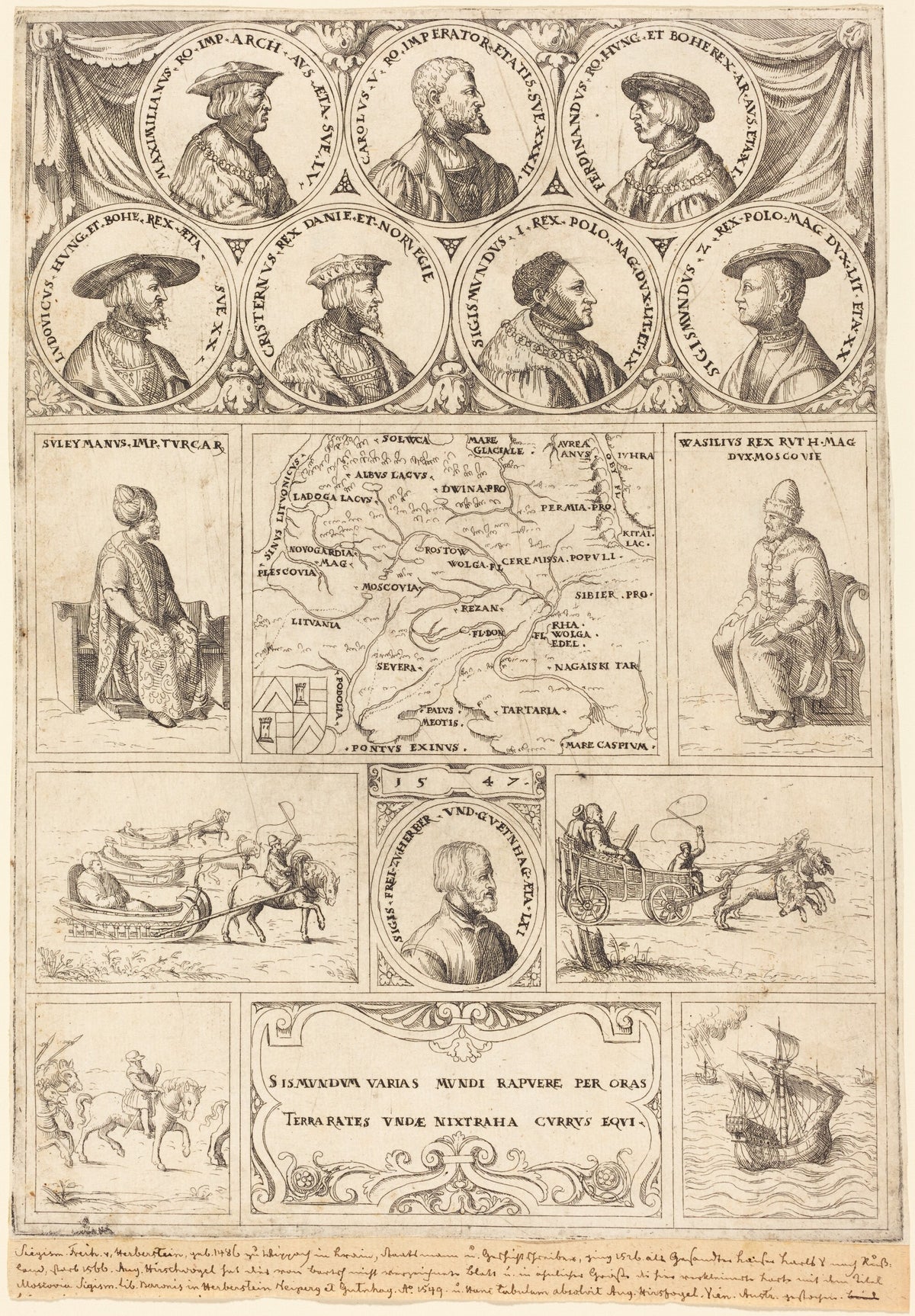 Map of Eastern Europe with portraits of Sigismund von Herberstein, Emperor Charles V, Emperor Maximilian I, Ferdinand of Hungary, Ludwig II of Hungary, Sigismund I of Poland, Sigismund II of Poland, Christian II of Denmark, Suleiman the Magnificent and Vasili III, Grand Prince of Moscow, and vignettes showing four journeys made by Herberstein