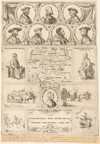 Map of Eastern Europe with portraits of Sigismund von Herberstein, Emperor Charles V, Emperor Maximilian I, Ferdinand of Hungary, Ludwig II of Hungary, Sigismund I of Poland, Sigismund II of Poland, Christian II of Denmark, Suleiman the Magnificent and Vasili III, Grand Prince of Moscow, and vignettes showing four journeys made by Herberstein